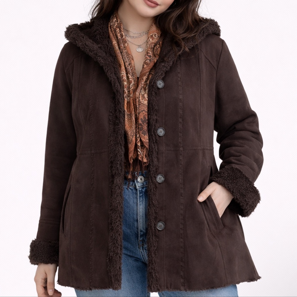 Y2K JONES NEW YORK Brown Faux Suede & Fur Trim Penny Lane Teddy Coat Boho Size L